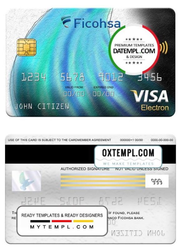 editable template, Nicaragua Banco Ficohsa bank visa electron card, fully editable template in PSD format