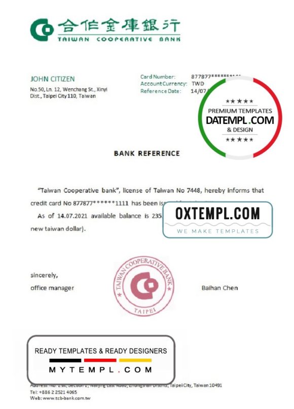 editable template, Taiwan Cooperative Bank account reference letter template in Word and PDF format