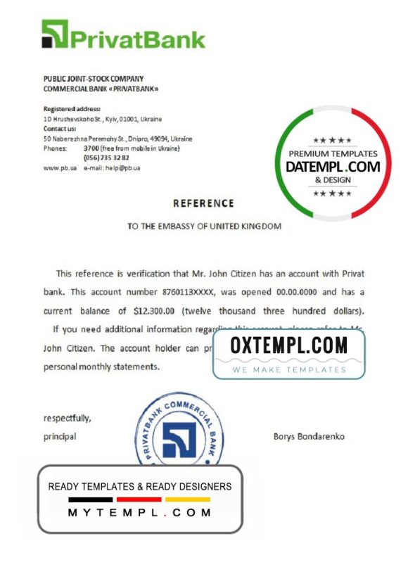 editable template, Ukraine Privatbank reference letter template in Word and PDF format