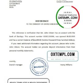 editable template, United Kingdom Barclays bank reference letter template in Word and PDF format