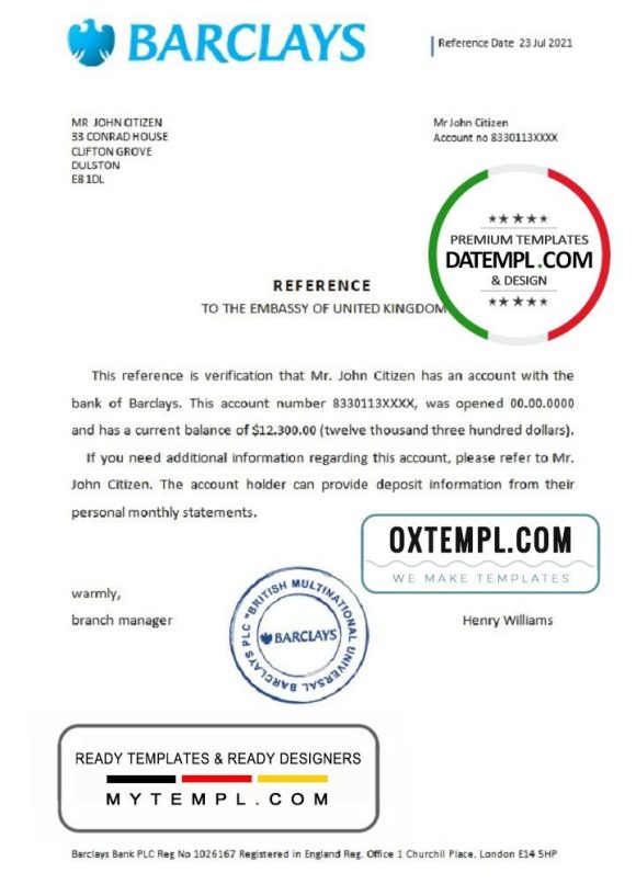 editable template, United Kingdom Barclays bank reference letter template in Word and PDF format