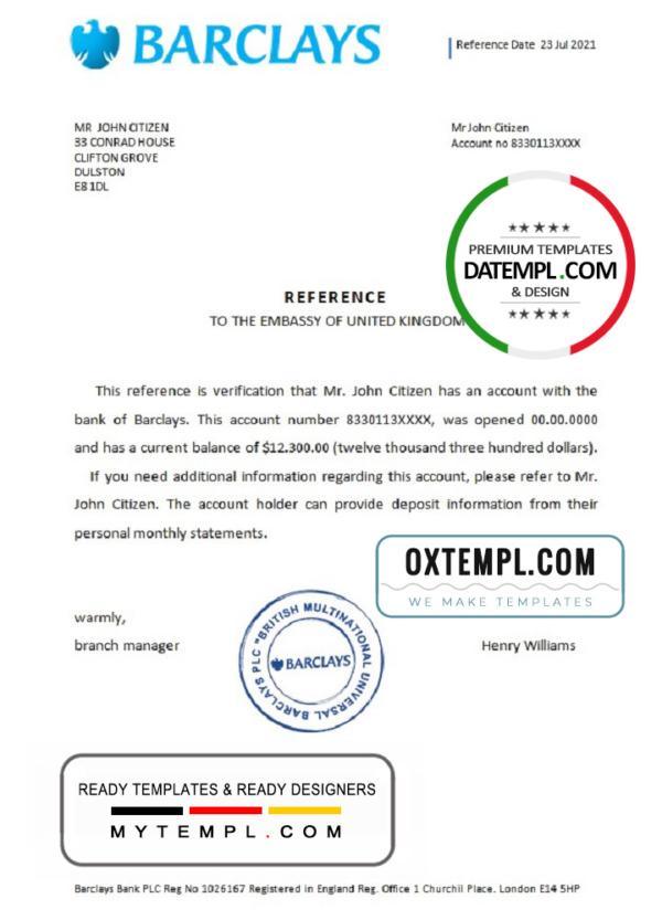 editable template, United Kingdom Barclays bank reference letter template in Word and PDF format