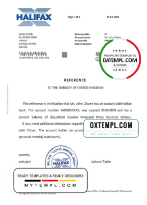 United Kingdom Halifax bank reference letter template in Word and PDF format