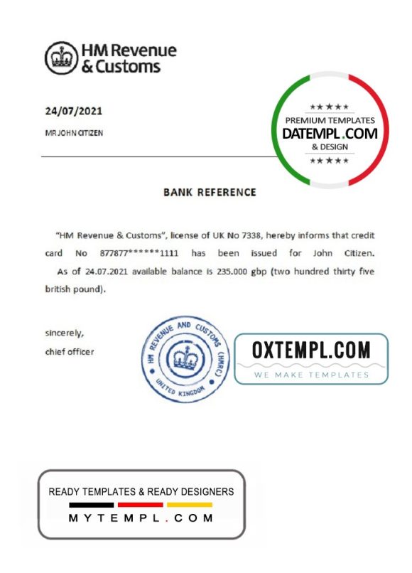 editable template, United Kingdom HM Revenue & Customs bank reference letter template in Word and PDF format
