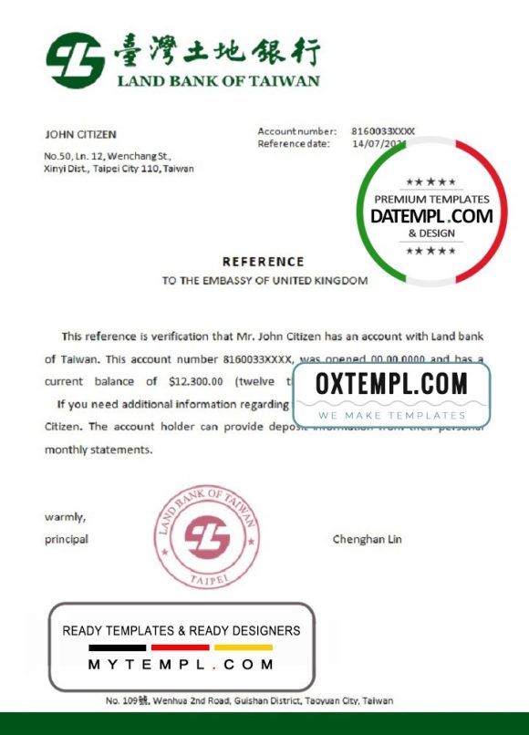 editable template, Taiwan Land Bank of Taiwan account reference letter template in Word and PDF format