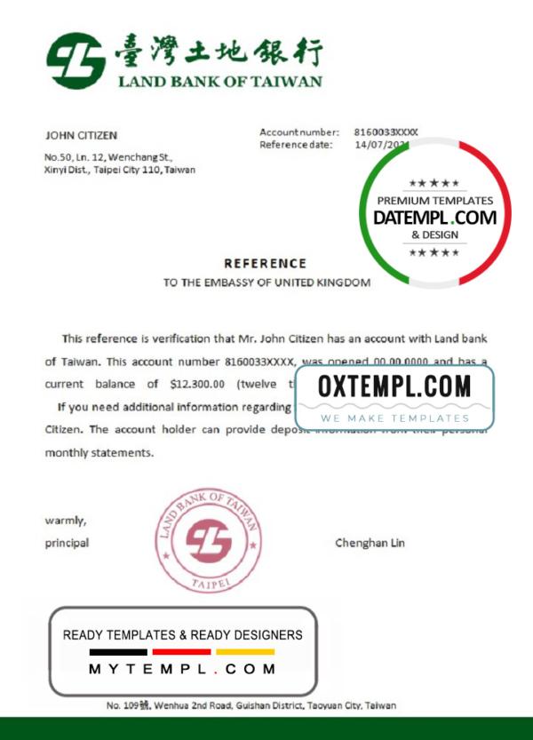 editable template, Taiwan Land Bank of Taiwan account reference letter template in Word and PDF format