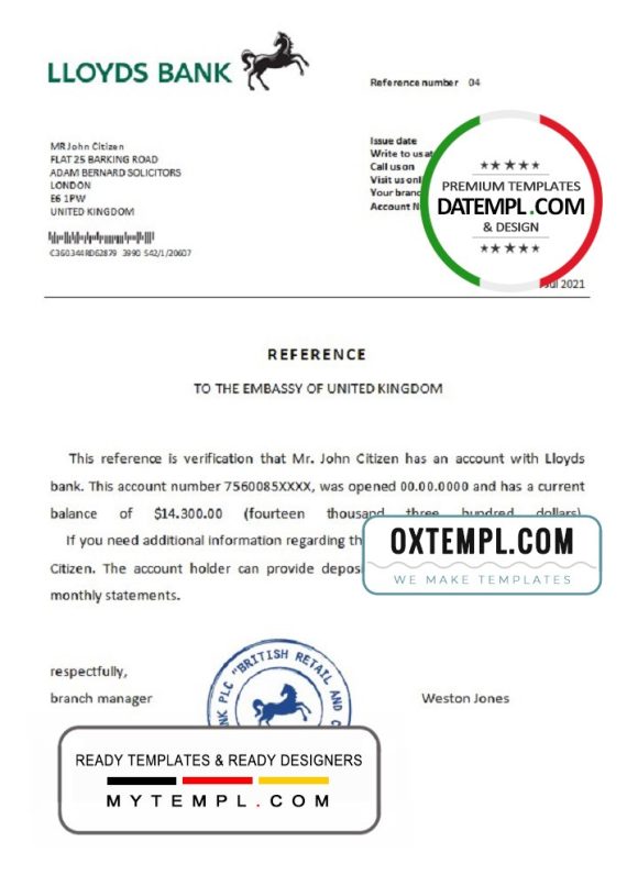 editable template, United Kingdom Lloyds bank reference letter template in Word and PDF format