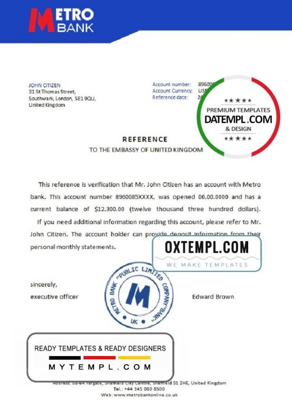 editable template, United Kingdom Metro bank reference letter template in Word and PDF format