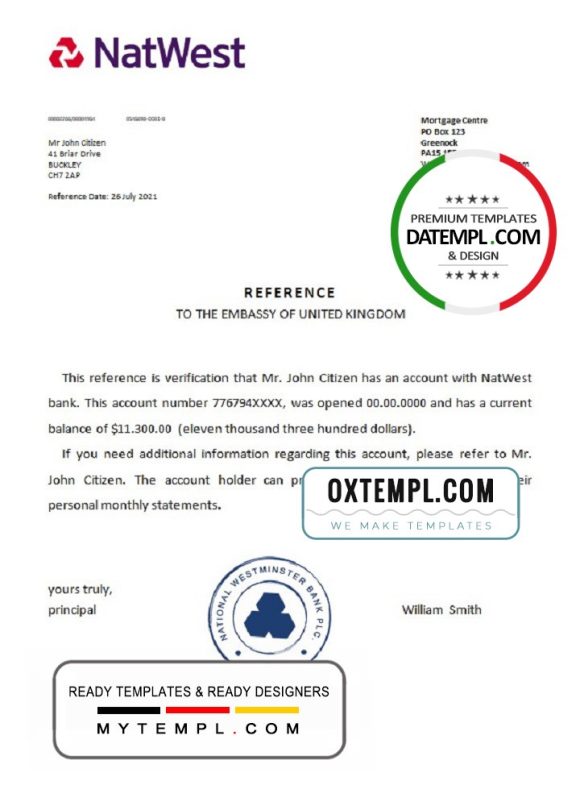 editable template, United Kingdom Natwest bank reference letter template in Word and PDF format