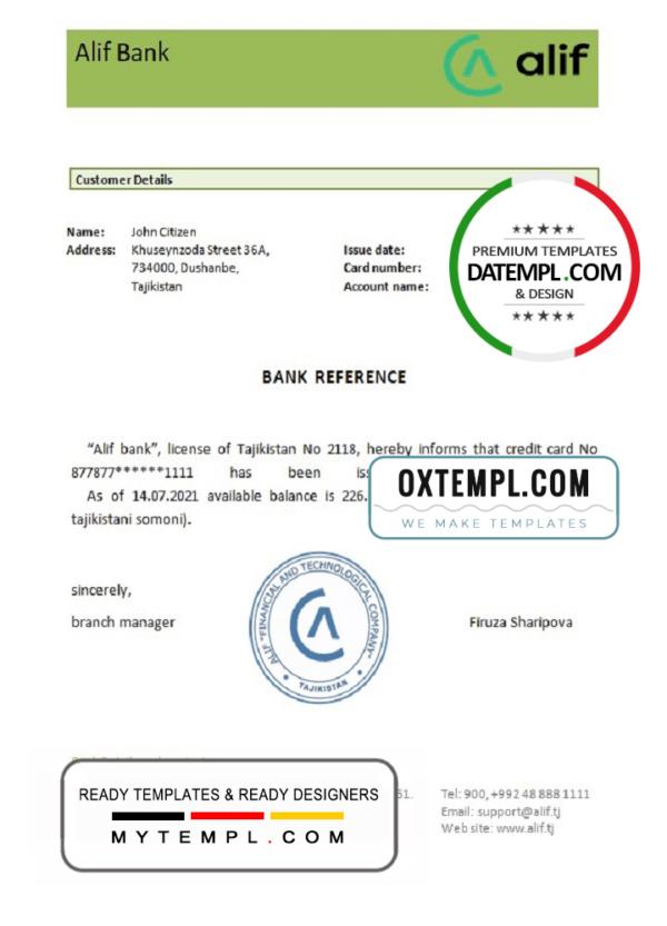editable template, Tajikistan Alif bank reference account reference letter template in Word and PDF format