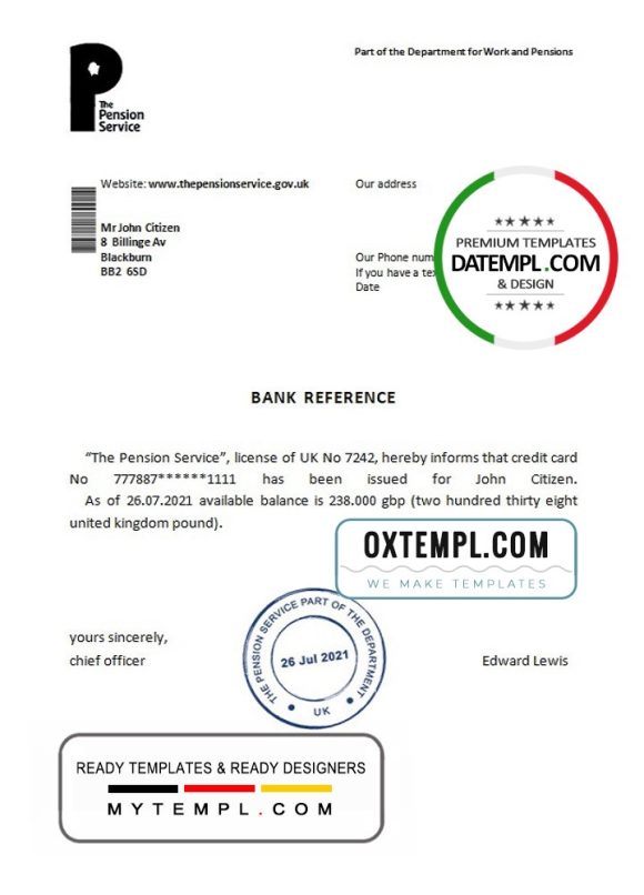 editable template, United Kingdom The Pension Service bank reference letter template in Word and PDF format