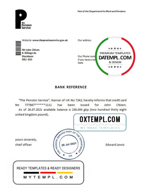 editable template, United Kingdom The Pension Service bank reference letter template in Word and PDF format