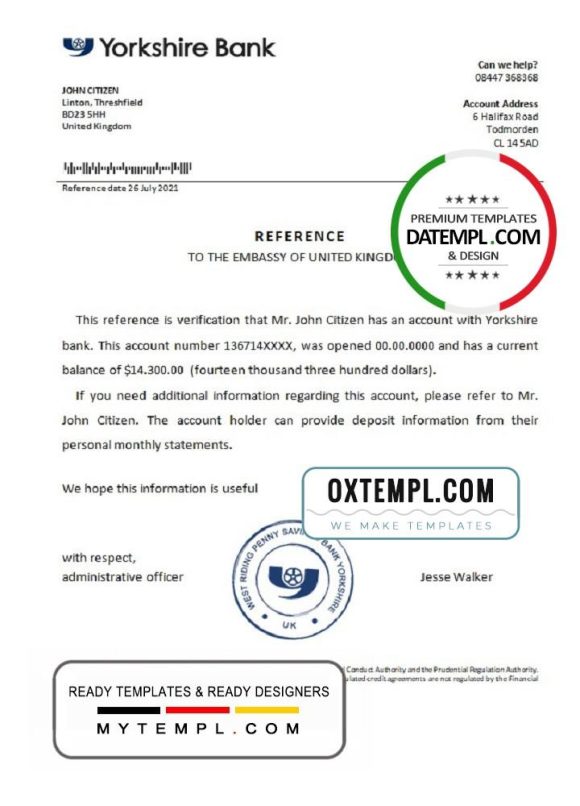 editable template, United Kingdom Yorkshire bank reference letter template in Word and PDF format