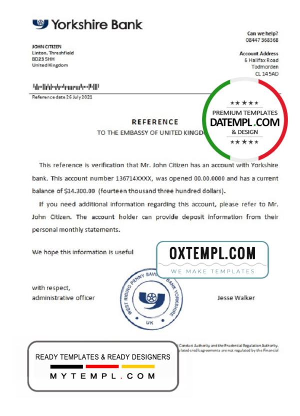 editable template, United Kingdom Yorkshire bank reference letter template in Word and PDF format