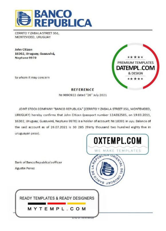 editable template, Uruguay Banco República bank reference letter template in Word and PDF format