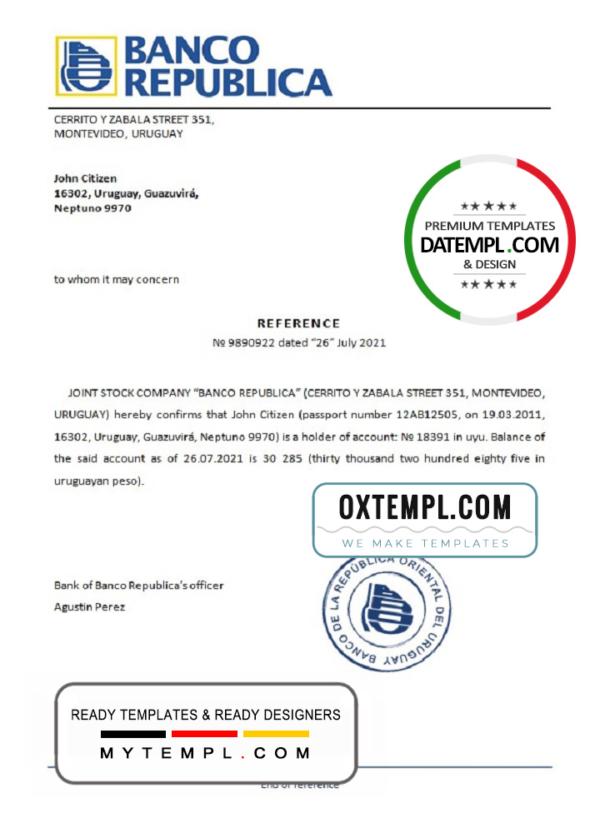 editable template, Uruguay Banco República bank reference letter template in Word and PDF format