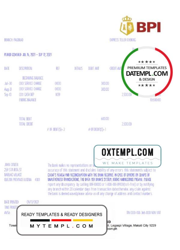 editable template, Philippines Bank of the Philippine Islands (BPI) bank statement template in Excel and PDF format, version 2