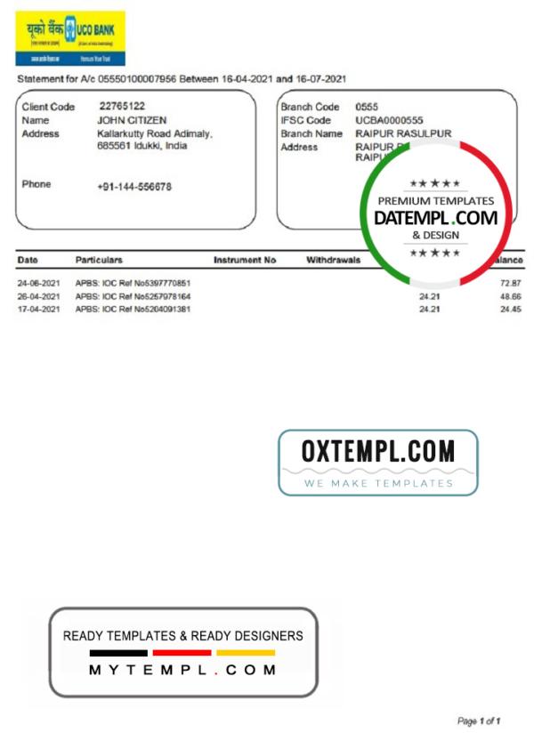 editable template, India UCO bank statement template in Word and PDF format