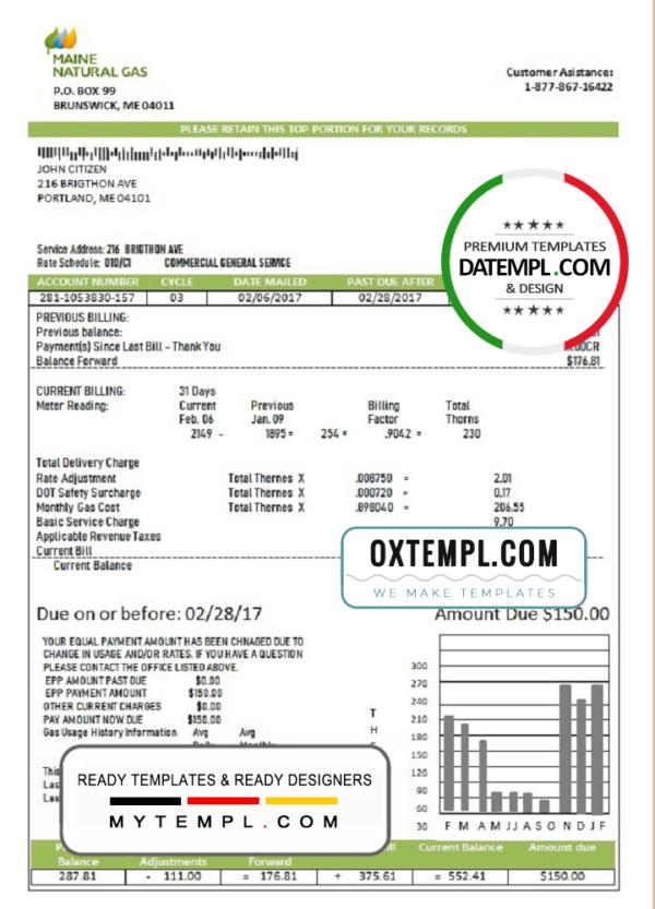 editable template, USA Marine Maine Natural Gas Portland utility bill template in Word format