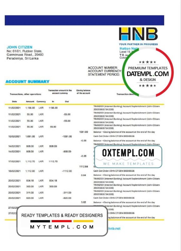 editable template, Sri Lanka Hatton National Bank bank statement template in Excel an PDF format