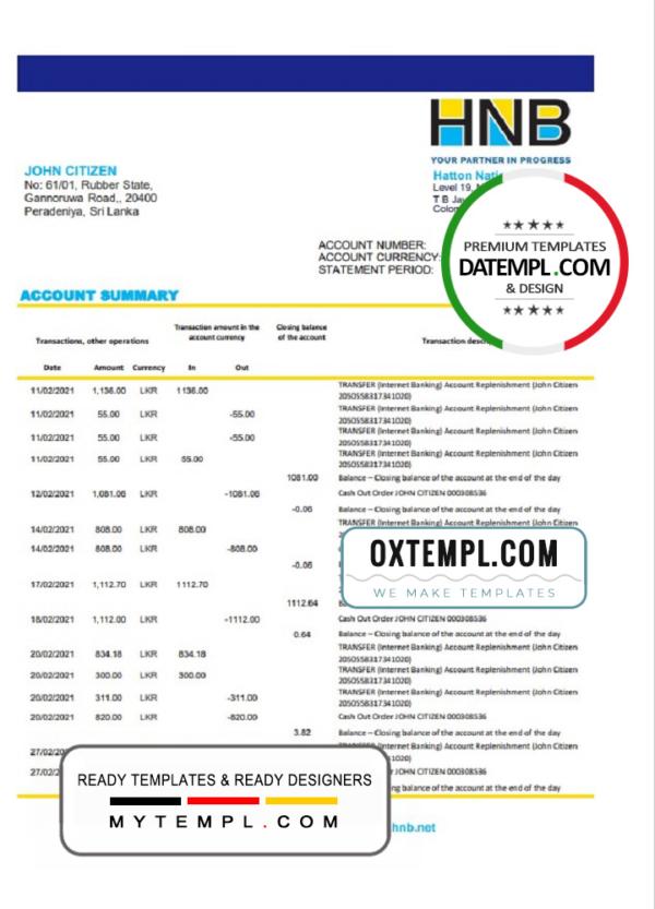 editable template, Sri Lanka Hatton National Bank bank statement template in Excel an PDF format