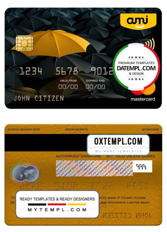 editable template, New Zealand Ami Insurance Limited bank mastercard, fully editable template in PSD format