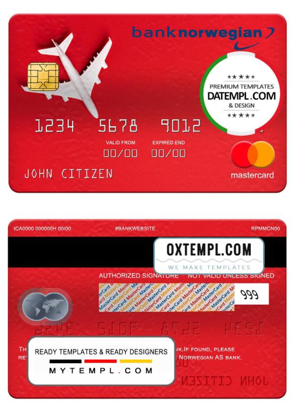 editable template, Norway bank Norwegian AS bank mastercard, fully editable template in PSD format