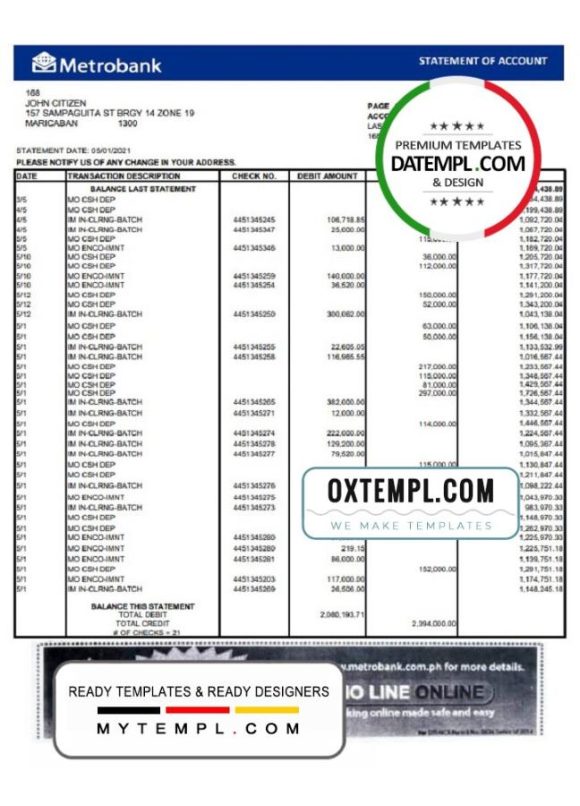 editable template, United Kingdom Metrobank bank statement template in Excel and PDF format