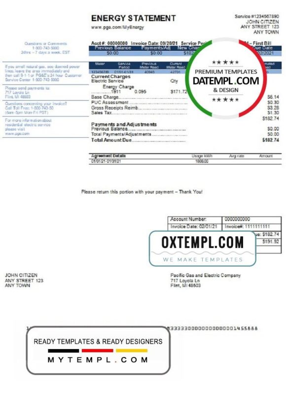 editable template, USA California PG&E (Pacific Gas and Electric Company) utility bill template in Word and PDF format, version 2