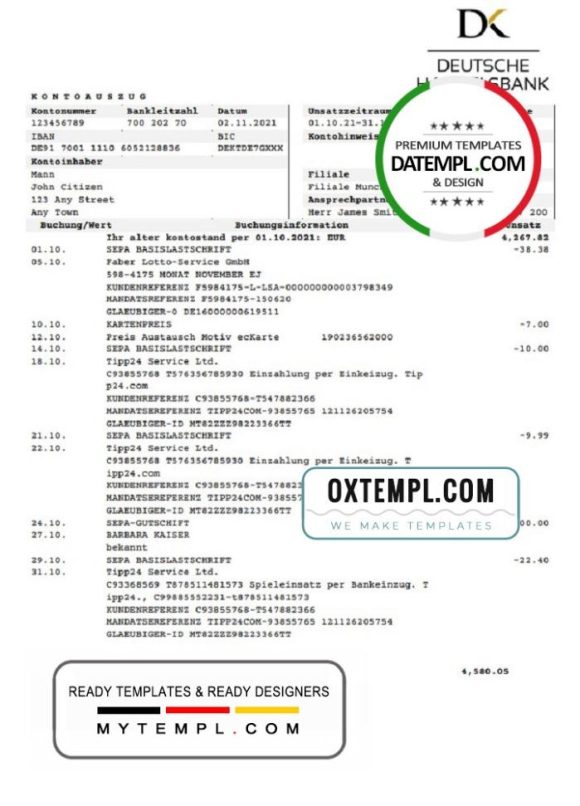 editable template, Germany Deutsche Handelsbank AG bank statement template in .doc and .pdf format