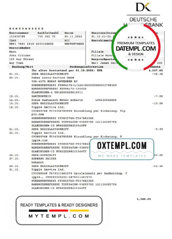 editable template, Germany Deutsche Handelsbank AG bank statement template in .doc and .pdf format