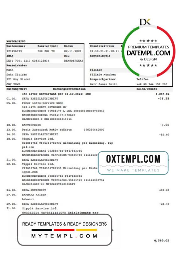 editable template, Germany Deutsche Handelsbank AG bank statement template in .xls and .pdf format