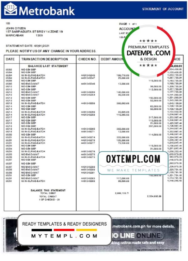 editable template, United Kingdom Metrobank bank statement template in .doc and .pdf format