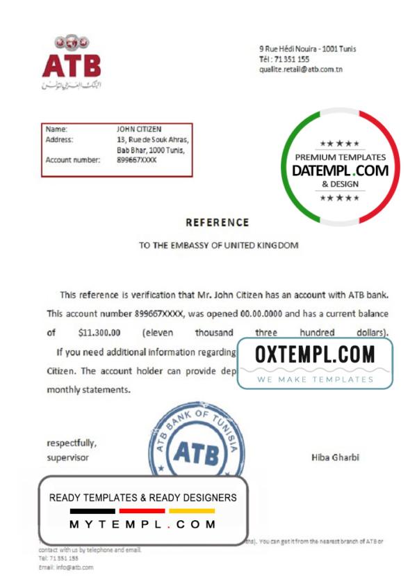 editable template, Tunisia ATB bank reference letter template in Word and PDF format
