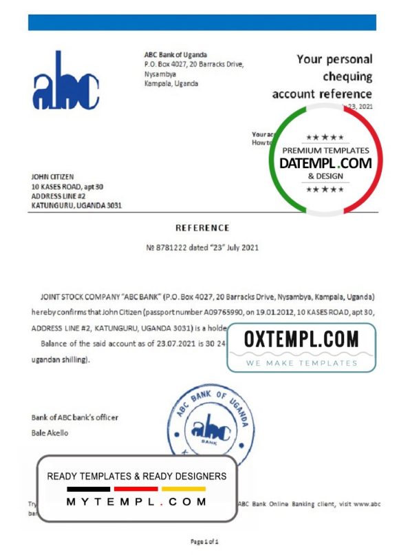 editable template, Uganda ABC bank account reference letter template in Word and PDF format