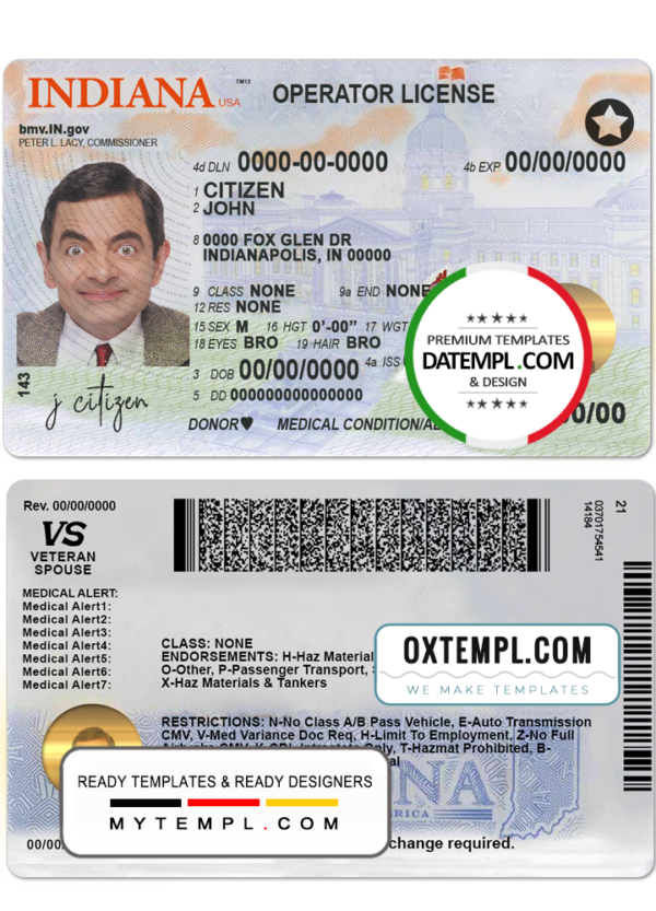 editable template, USA Indiana driving (operator) license template in PSD format (2019 - present)