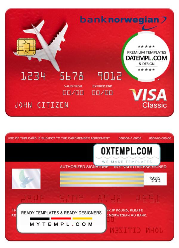editable template, Norway bank Norwegian AS bank visa classic card, fully editable template in PSD format