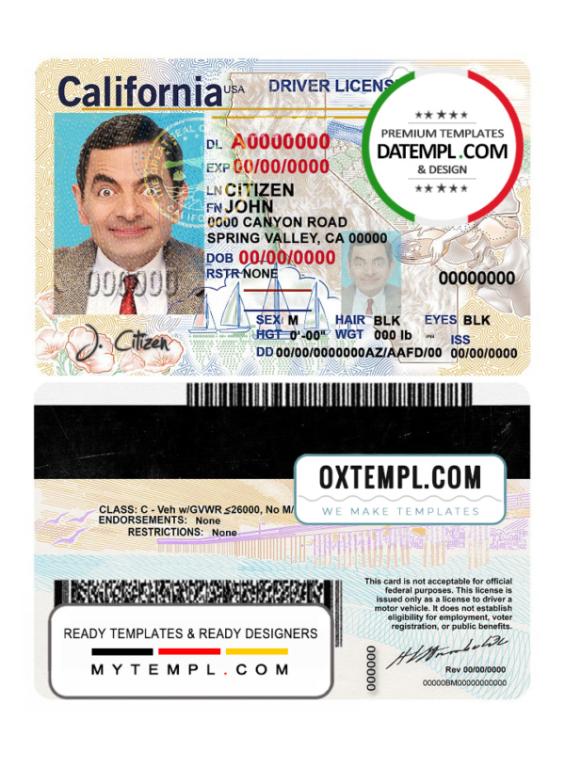 California driver license PSD template (2018, January - present)