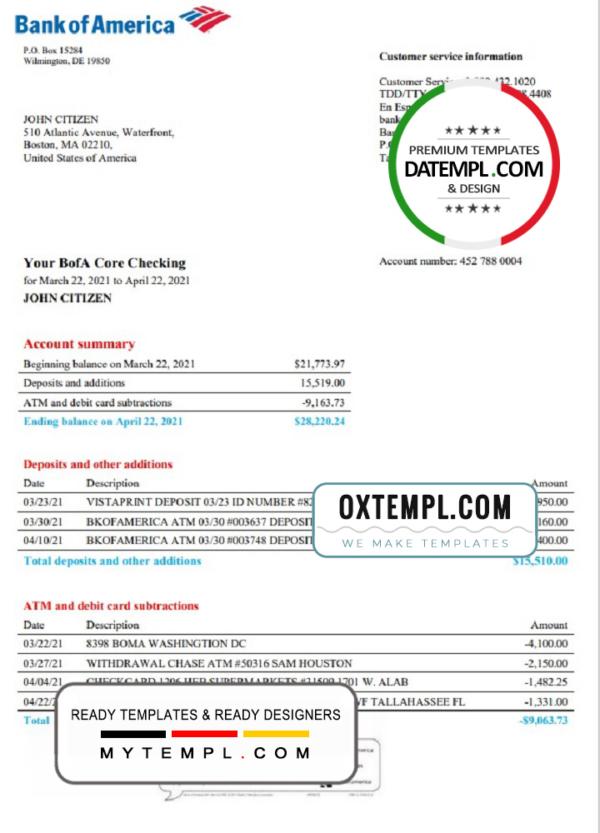 editable template, USA Bank of America bank statement template in Word and PDF format, version 4