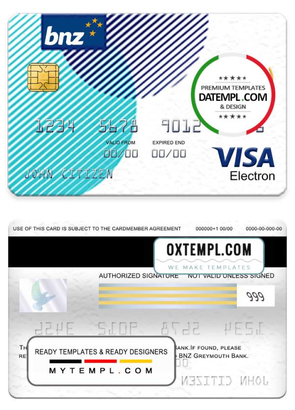 editable template, New Zealand BNZ Greymouth bank visa electron card, fully editable template in PSD format