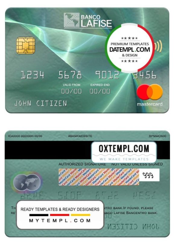 editable template, Nicaragua Banco Lafise Bancentro bank mastercard, fully editable template in PSD format