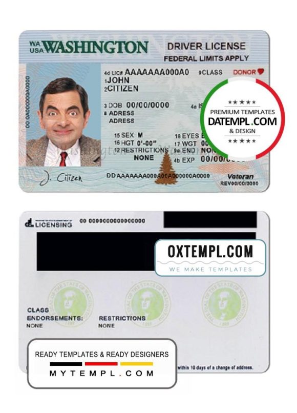 Washington driver license PSD template (2018 - present)