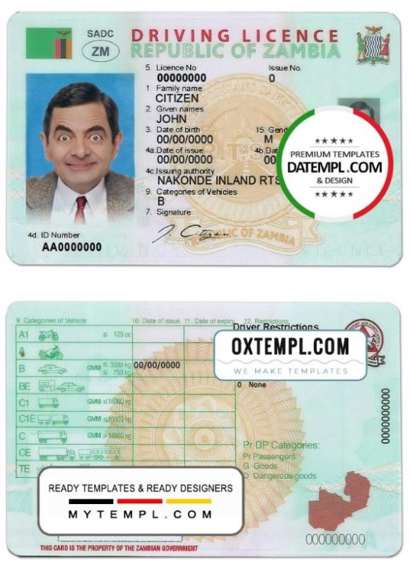 Zambia driver license PSD template