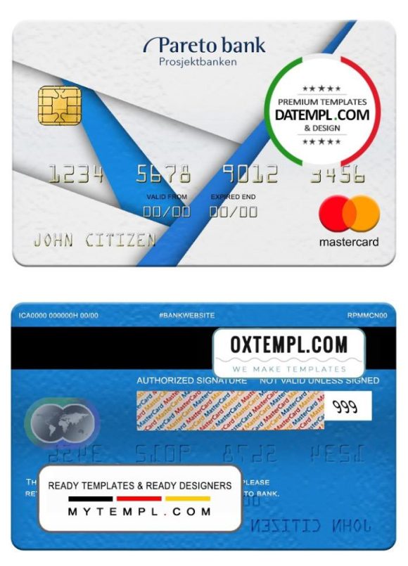 editable template, Norway Pareto bank mastercard, fully editable template in PSD format