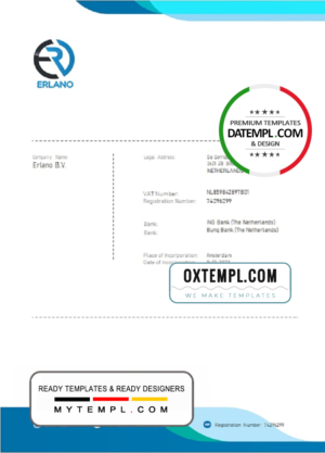 Netherlands ERLANO B. V. company payment invoice template in Word and PDF format, fully editable
