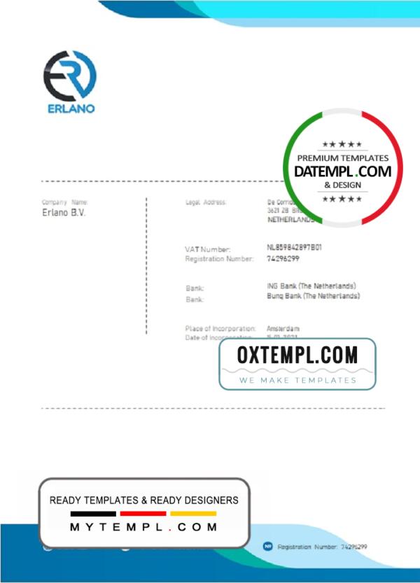 editable template, Netherlands ERLANO B. V. company payment invoice template in Word and PDF format, fully editable