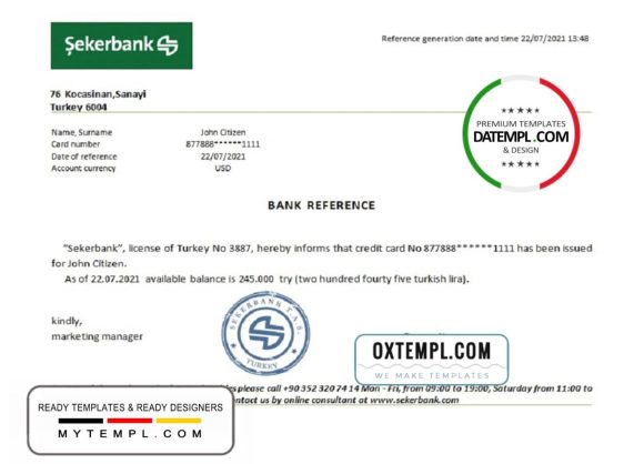 editable template, Turkey Sekerbank reference letter template in Word and PDF format