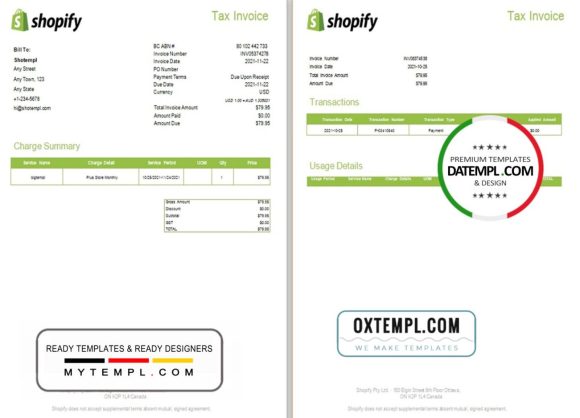 editable template, Canada Shopify tax invoice template in Word and PDF format, fully editable