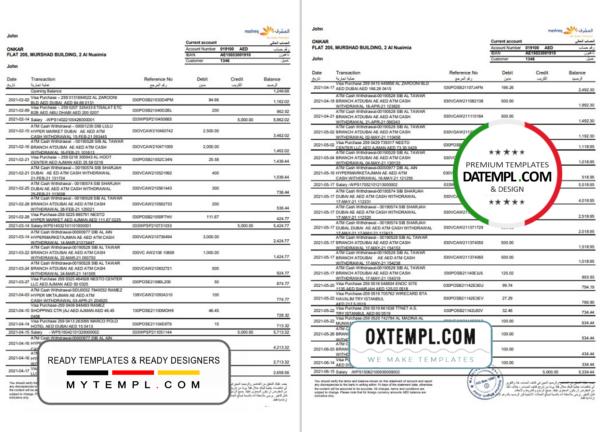 editable template, UAE Mashreq bank statement template in Excel and PDF format, 3 pages