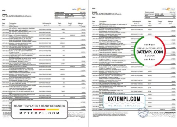 editable template, UAE Mashreq bank statement template in Excel and PDF format, 3 pages